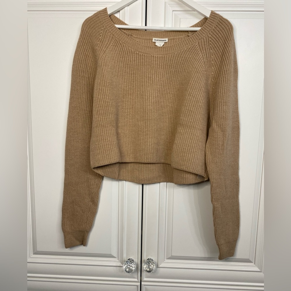 EUC Women’s Club Monaco Size Large Cropped Crew Neck Sweater 100% Merino Wool